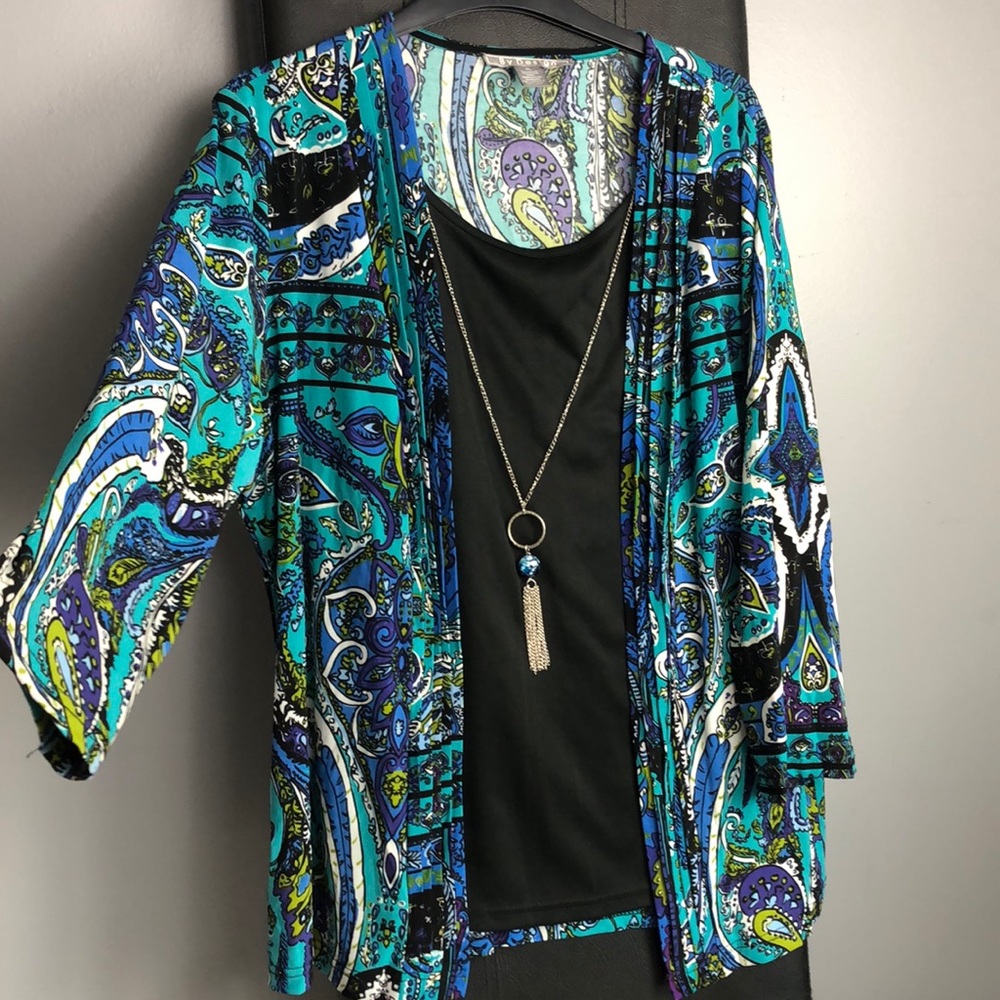 Women's Blue Green Paisley Tank Necklace Jacket Kimono Size XL